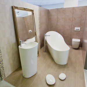Vzorková koupelna ve studiu Gremis - elegantní vana a umyvadlo