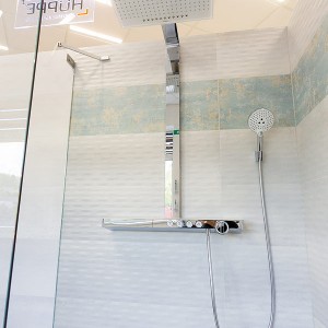 Detail vzorkové koupelny v koupelnovém studiu Gremis - sprchový kout s hlavovou sprchou a sprchovou růžicí